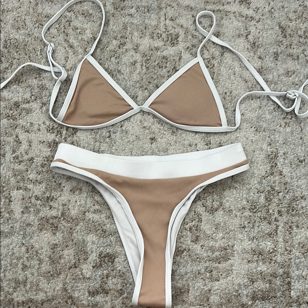 Stylish Tan and White Bikini Set